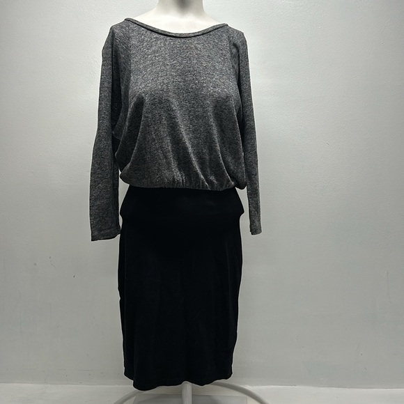 Sandro Dress Midi Long Sleeve Colorblock Zipper Back Linen Black Gray 2 Medium - Picture 1 of 10
